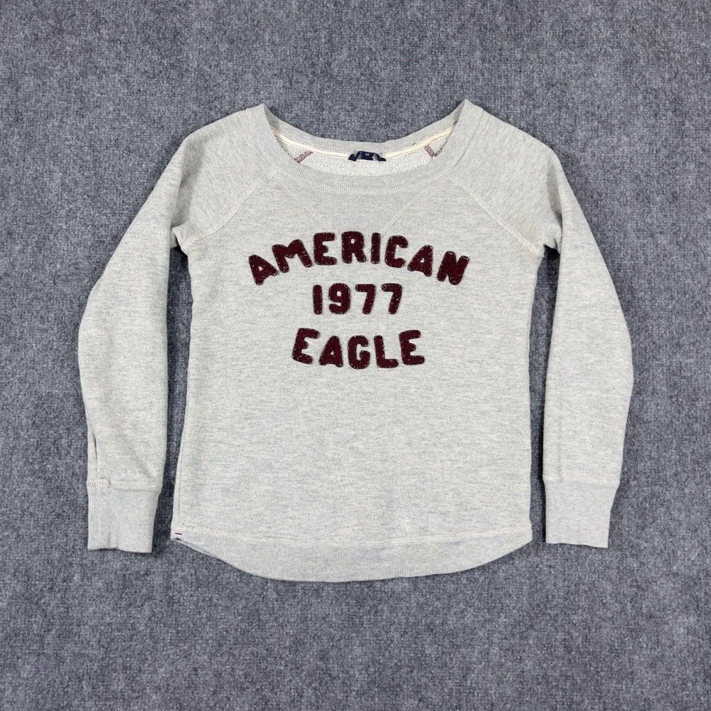 Y2K American Eagle Sweatshirt Womens Small Gray 1977 Graphic Raglan Scoop Neck